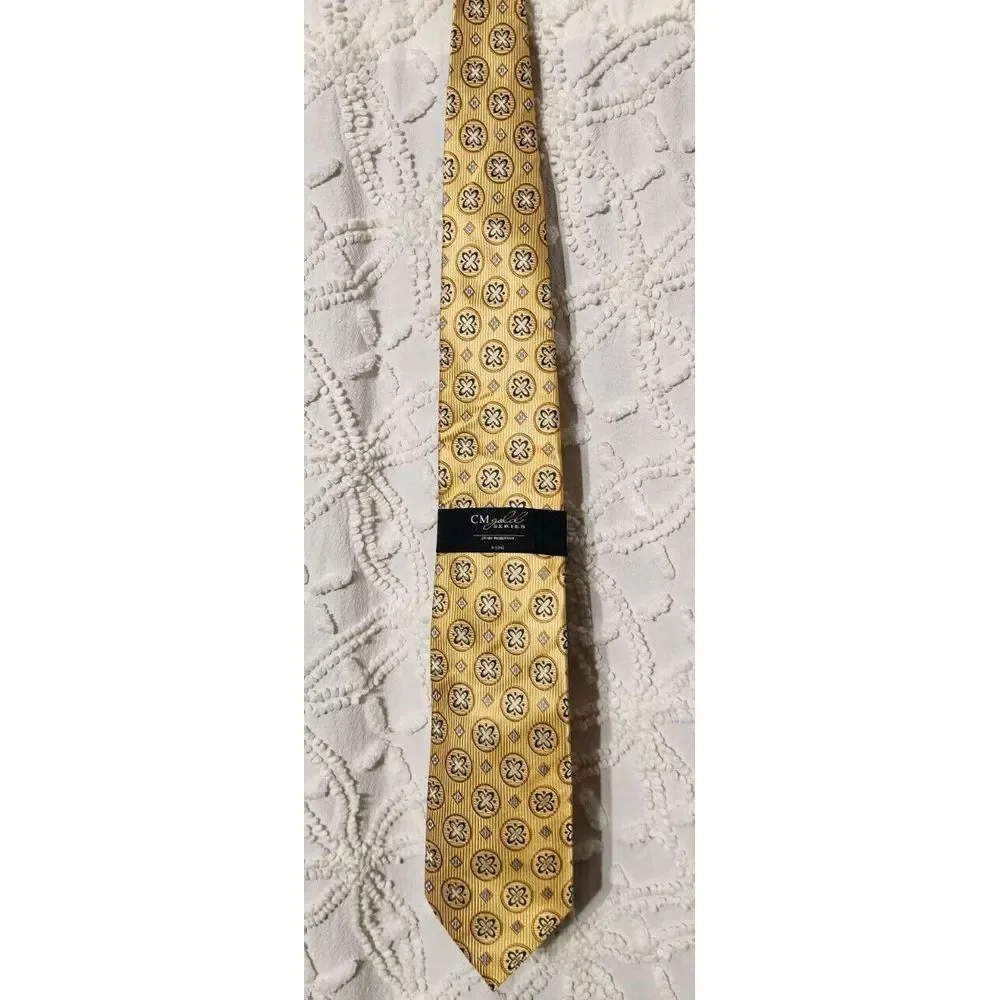 CM Gold Series Tie X Long Length Silk Geometric Floral Yellow Gold Church Formal